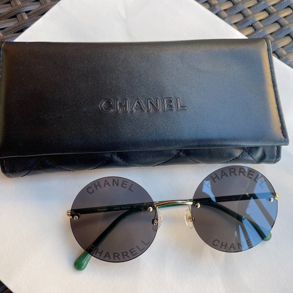 Auth CHANEL x Pharrell Williams Collection Rimless Round Sunglasses Black/Green